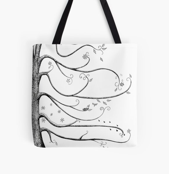 Four Seasons Tree Ink Illustration in Black and White All Over Print Tote Bag