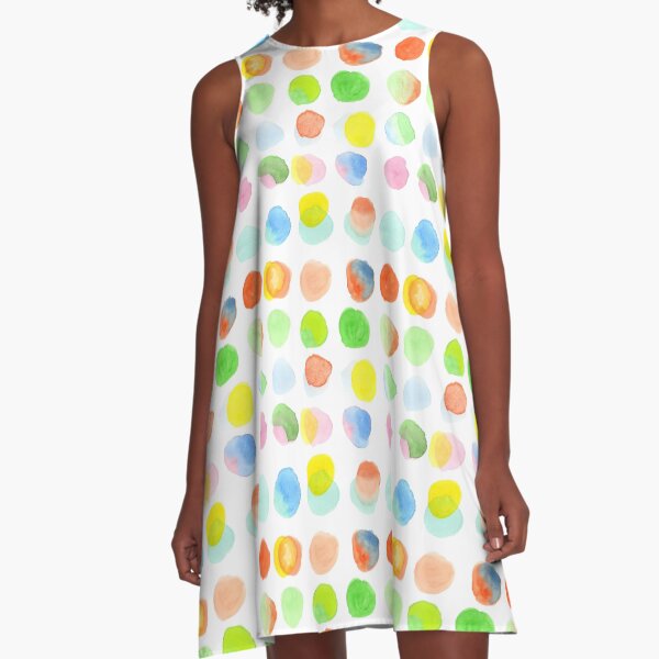 Hand-Painted Watercolor Colorful Polka Dots Rainbow Circles A-Line Dress
