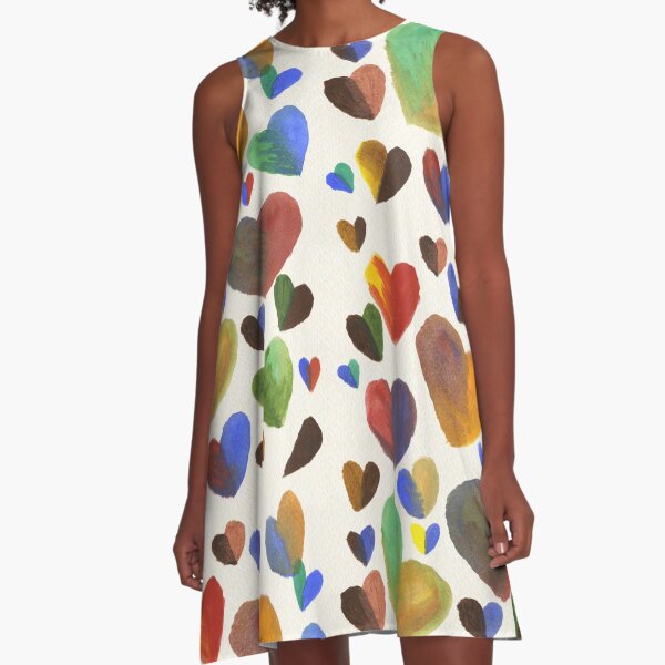 Hand-Painted Hearts in Colorful Chocolate Brown A-Line Dress