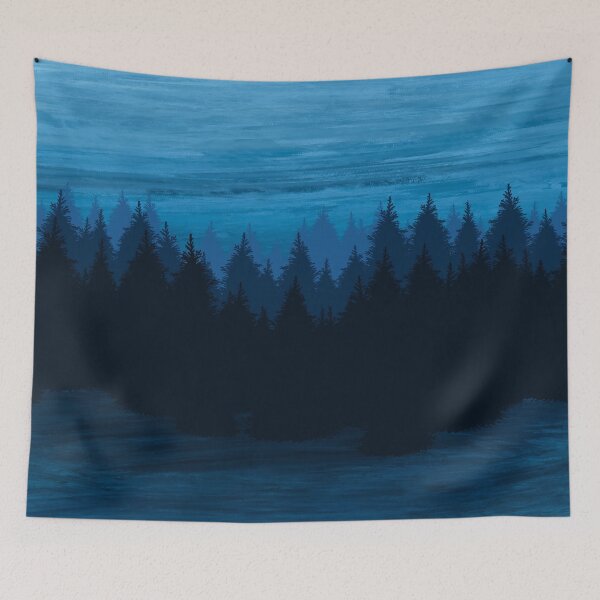 Item preview, Dark Blue Pine Forest - Shades of Navy Blue Landscape with Cloudy Sky designed and sold by PrettyLittlePic.