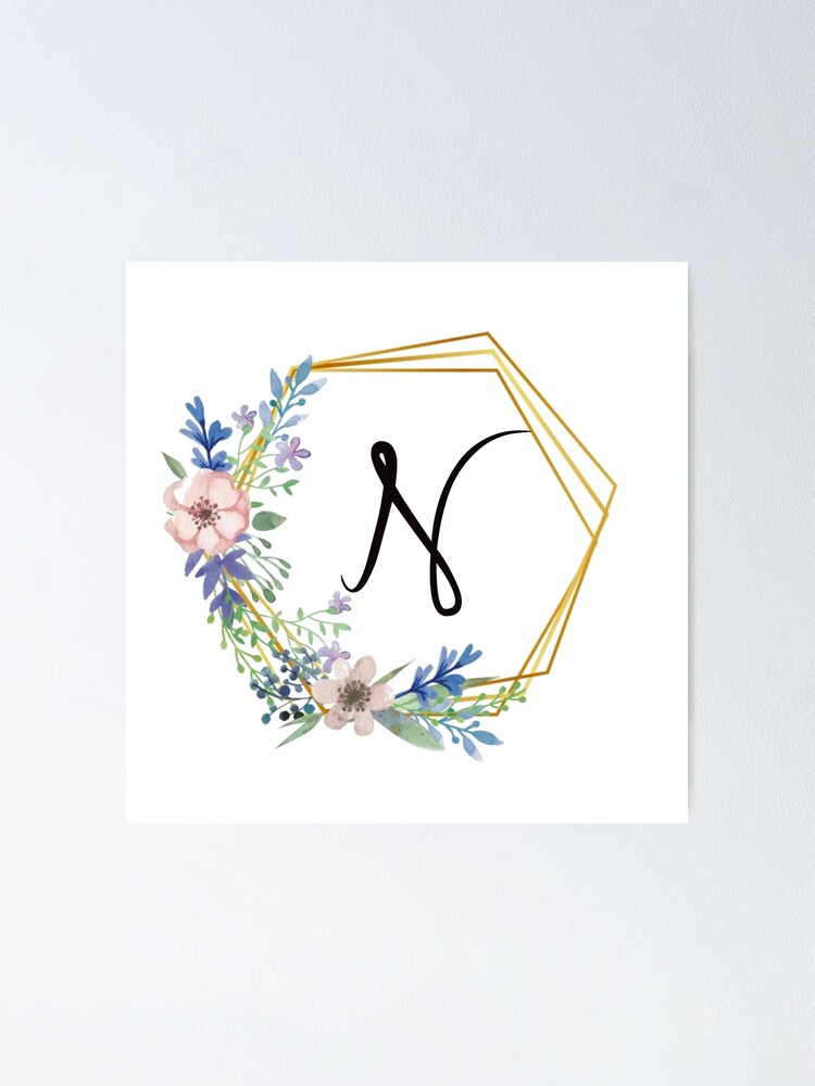 Letter M Monogram Floral Navy Blue and Burgundy Poster