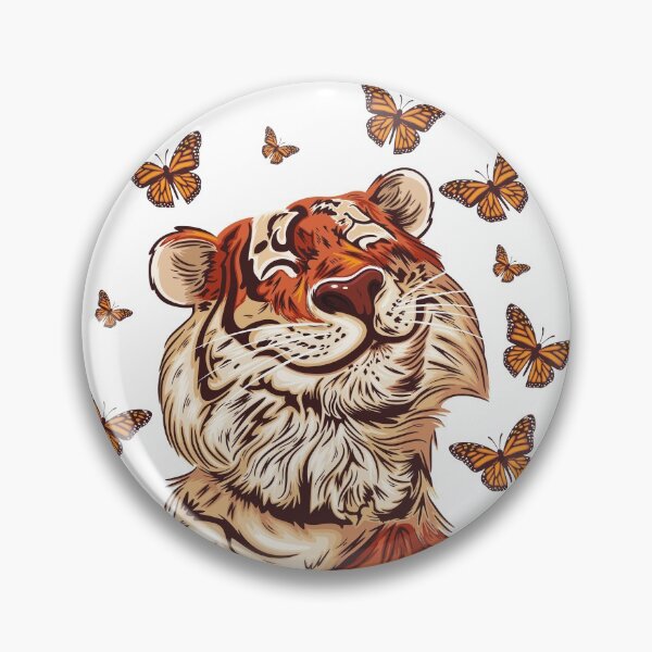 Aperçu de l'œuvre Tigre heureux mignon entouré de beaux papillons de printemps créée et vendue par Caroodoo.
