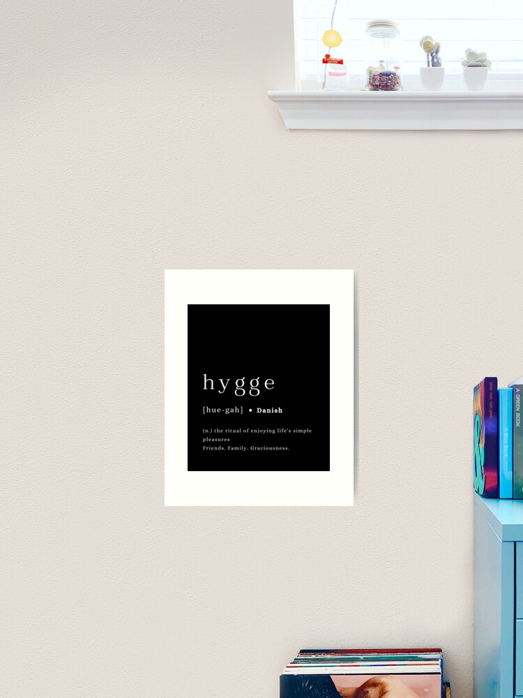 Thumbnail 1 of 3, Art Print, Hygge definition and pronunciation print typography poster black background designed and sold by craftink.
