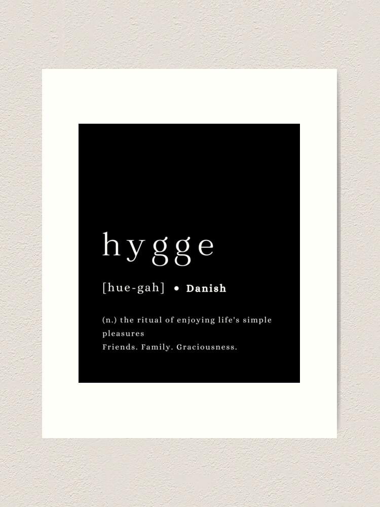 Thumbnail 2 of 3, Art Print, Hygge definition and pronunciation print typography poster black background designed and sold by craftink.