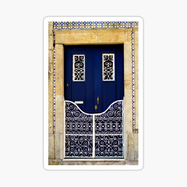 Blue door with fancy white railings Sticker