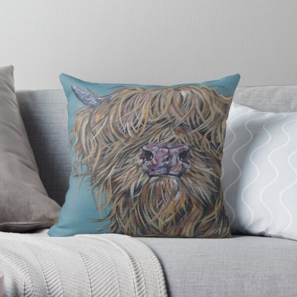 Chummy McGummy. Highland cow, Heilan Scottish coo art by award-winning UK artist Sam Fenner Throw Pillow