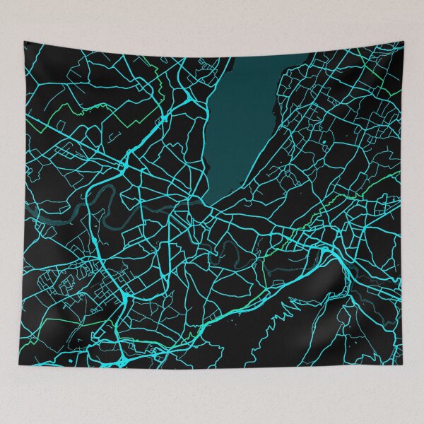 Artikelvorschau, Genfer Stadtplan in Schwarz und Neonblau entworfen und verkauft von EzbieArt.