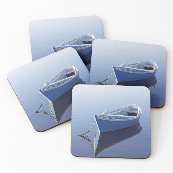 Item preview, Blue boat on blue calm river water designed and sold by amalcaide.
