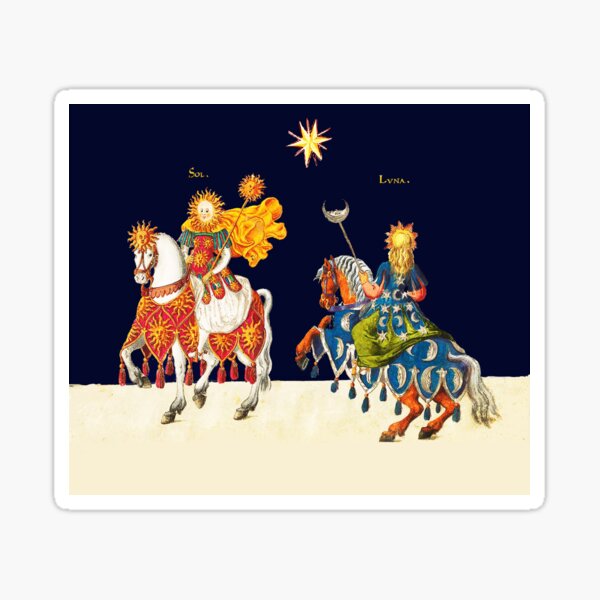 Aperçu de l'œuvre Soleil et lune comme chevaliers médiévaux à cheval dans la nuit bleu antique miniature créée et vendue par BulganLumini.