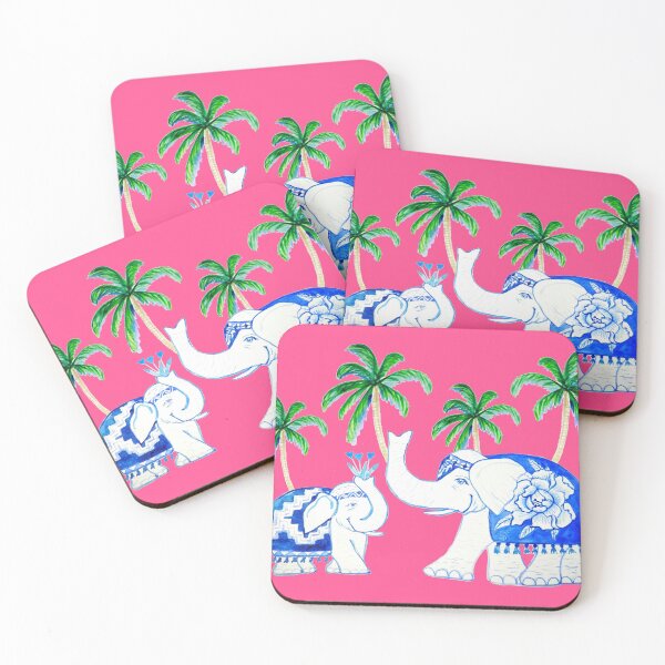 Item preview, Elephants on fuchsia pink , Chinoiserie elephants in blue and white designed and sold by MagentaRose.