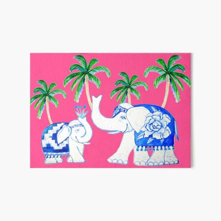Elephants on fuchsia pink , Chinoiserie elephants in blue and white Art Board Print