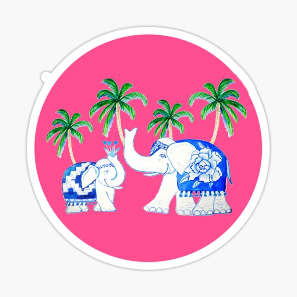 Elephants on fuchsia pink , Chinoiserie elephants in blue and white Sticker