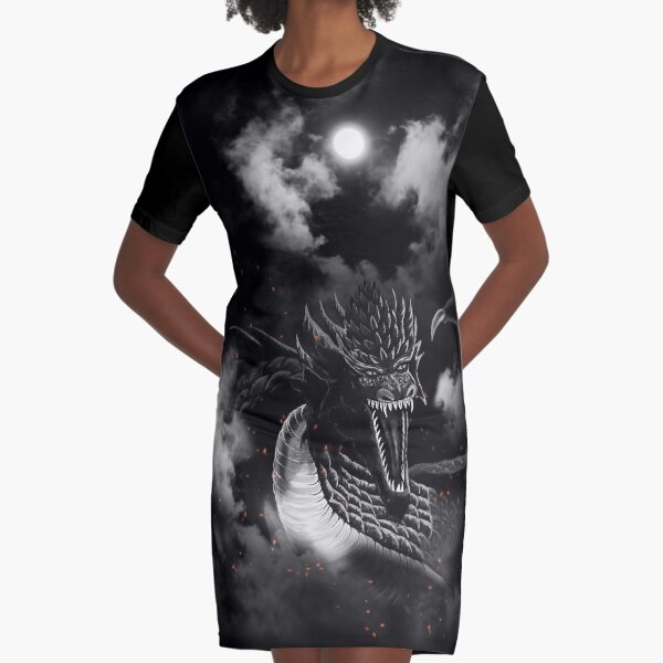 Moon Black-White Fire Dragon Clouds Graphic T-Shirt Dress