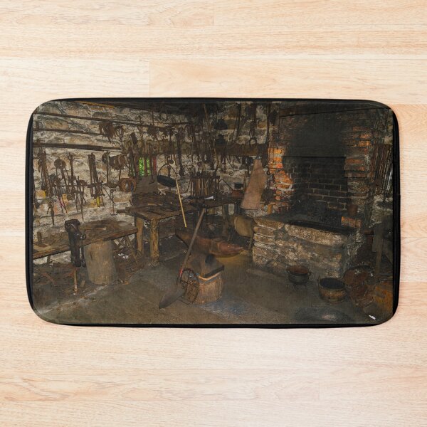Item preview, Antique vintage workshop with blacksmith's rusty tools and stone furnace designed and sold by AlbertMi.