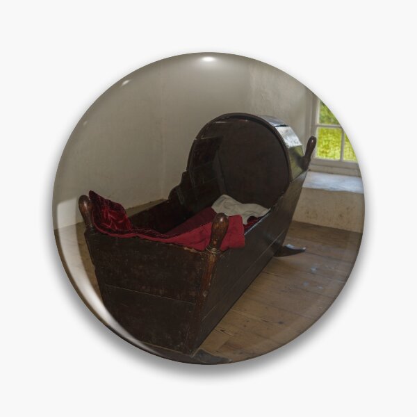 Item preview, Wooden vintage antique rocking baby bed with the red blanket, in empty dark room with window and wooden floor designed and sold by AlbertMi.