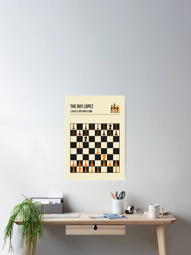 The Ruy Lopez Chess Opening in a vintage book cover poster style