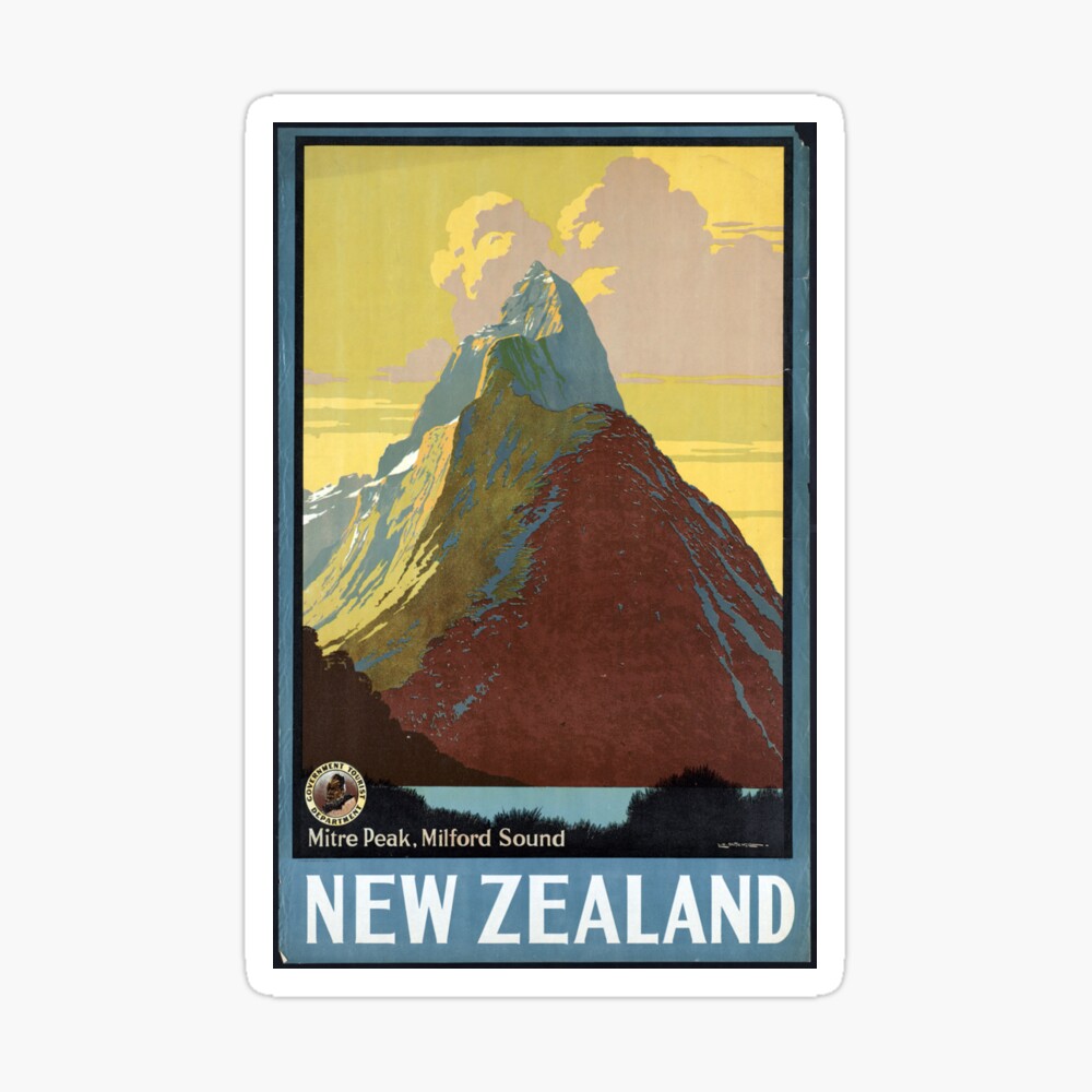 New Zealand Mitre Peak Milford Sound Vintage Travel Advertisement Poster Print 