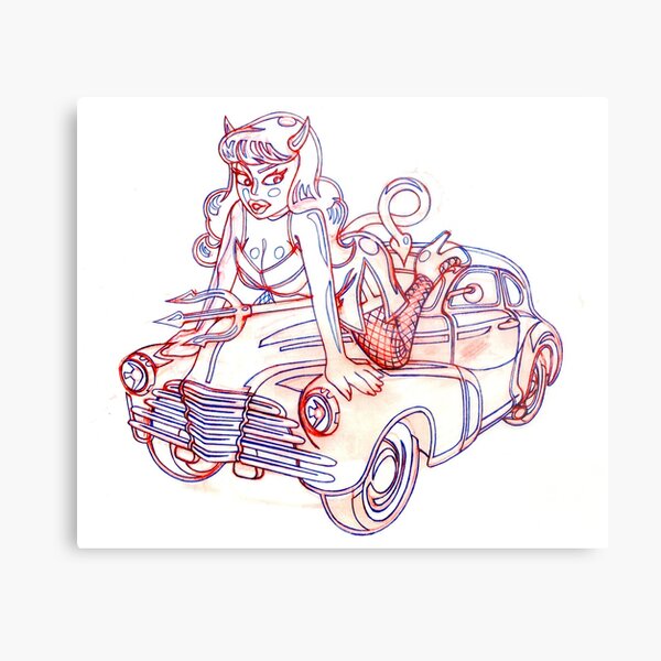 Retro Demon Girl Riding a Chevy (Sketch) Metal Print
