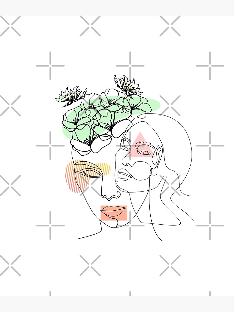 Impression artistique « Visage abstrait avec fleur verte par un dessin ...