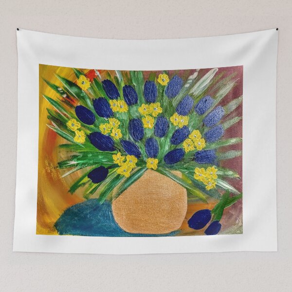 Item preview, Abstract blue tulips in vintage style gold vase designed and sold by kkartwork.