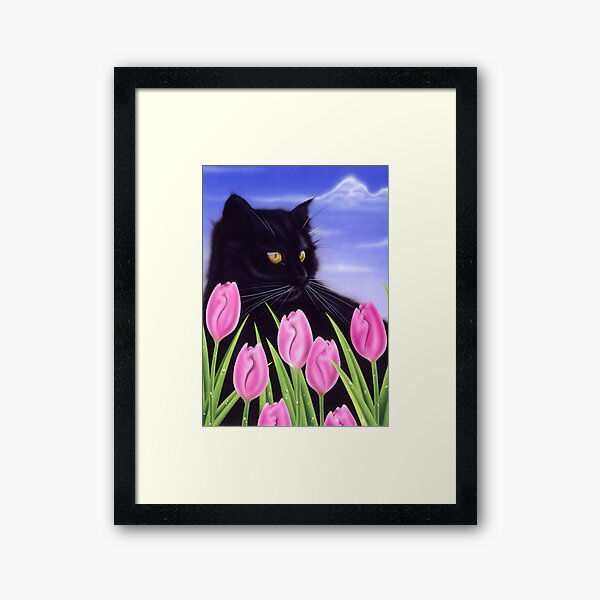 Black Cat with Tulips Framed Art Print
