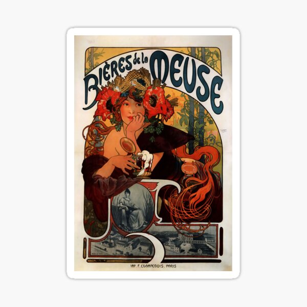 'Bieres de la Meuse' by Alphonse Mucha (Reproduction) Sticker