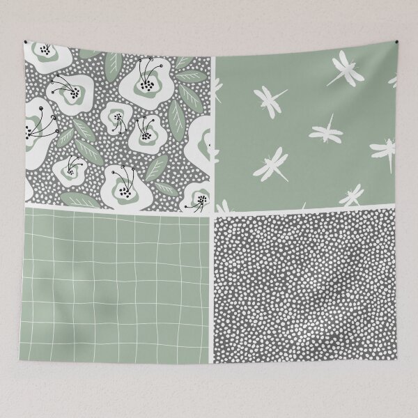 Item preview, sage green dotty doodled floral patchwork designed and sold by swans-swatches.