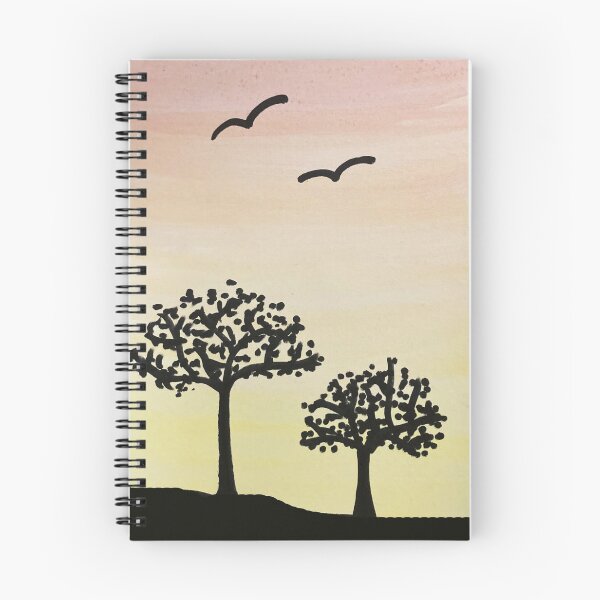 Aperçu de l'œuvre Coucher de soleil arbres et oiseaux aquarelle motif aquarelle créée et vendue par WatercolorFun.