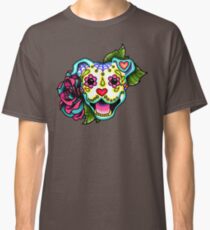 Smiling Pit Bull in White - Day of the Dead Pitbull - Sugar Skull Dog Classic T-Shirt