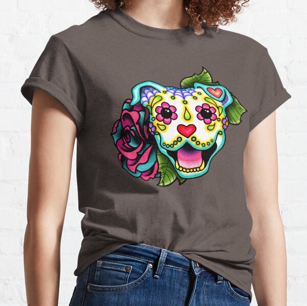 Smiling Pit Bull in White - Day of the Dead Pitbull - Sugar Skull Dog Classic T-Shirt