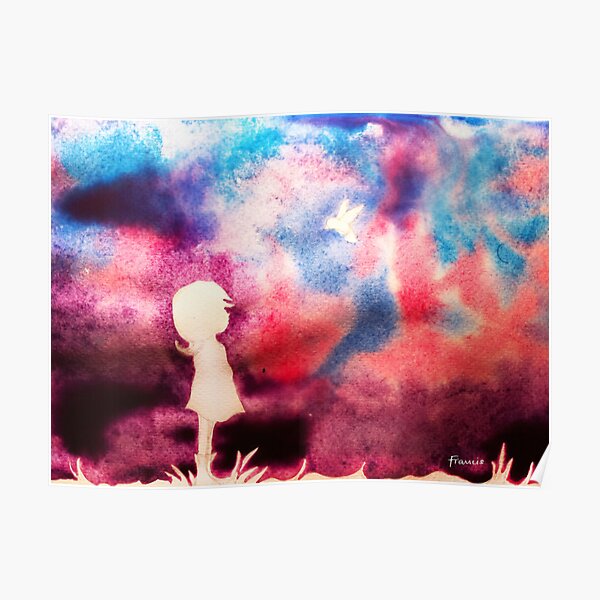 Girl and Bird with Purple Sky Poster