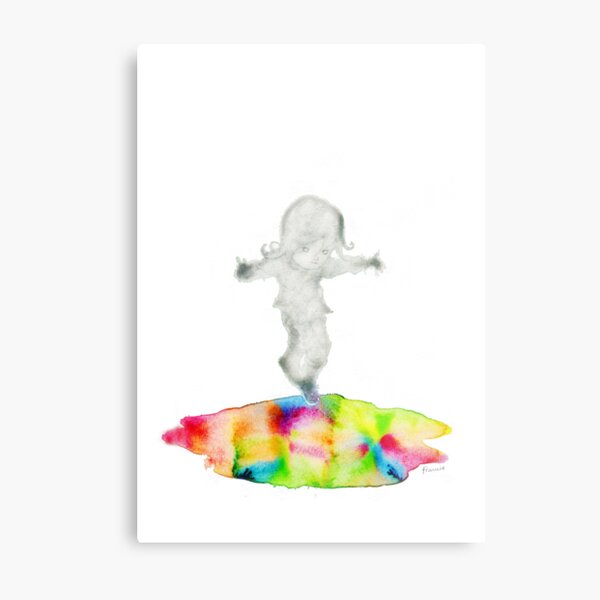 Girl jumping rainbow puddle Metal Print
