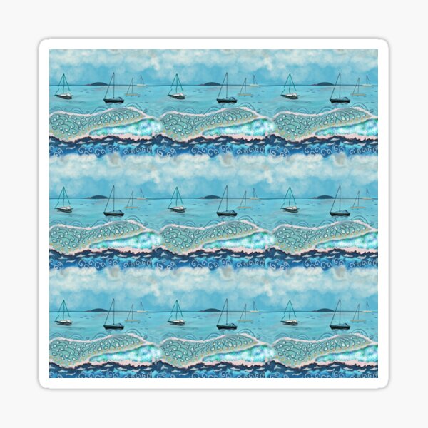 Striped textured seascape with boats and an island Sticker