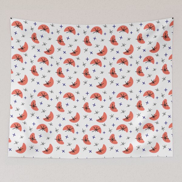 Aperçu de l'œuvre Croissant de lune orange moderne du milieu du siècle avec motif Jacks noir, argent et bleu créée et vendue par LavenderMint.