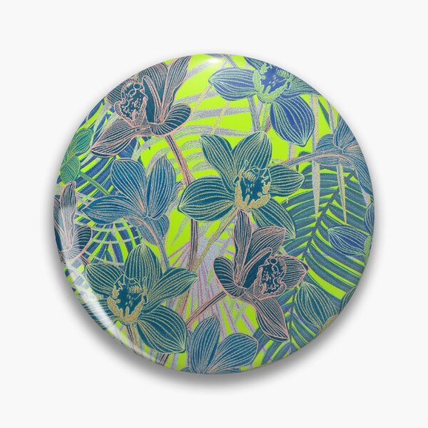 Item preview, tropical pattern with yellow and green and blue exotic foliage with acid orchids on green background designed and sold by ANAKOTO.