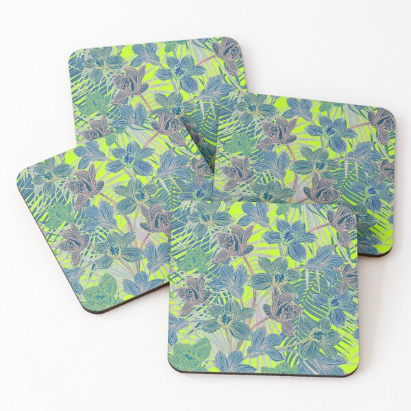 Item preview, tropical pattern with yellow and green and blue exotic foliage with acid orchids on green background designed and sold by ANAKOTO.