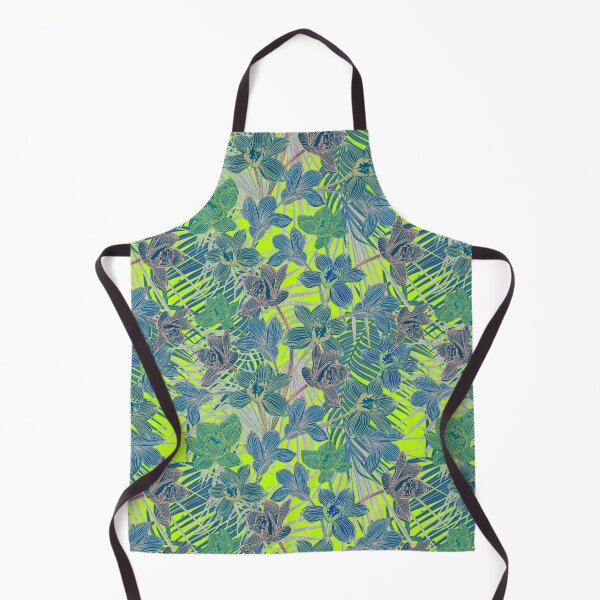 Item preview, tropical pattern with yellow and green and blue exotic foliage with acid orchids on green background designed and sold by ANAKOTO.