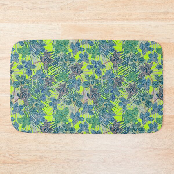 Item preview, tropical pattern with yellow and green and blue exotic foliage with acid orchids on green background designed and sold by ANAKOTO.