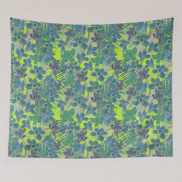 Item preview, tropical pattern with yellow and green and blue exotic foliage with acid orchids on green background designed and sold by ANAKOTO.