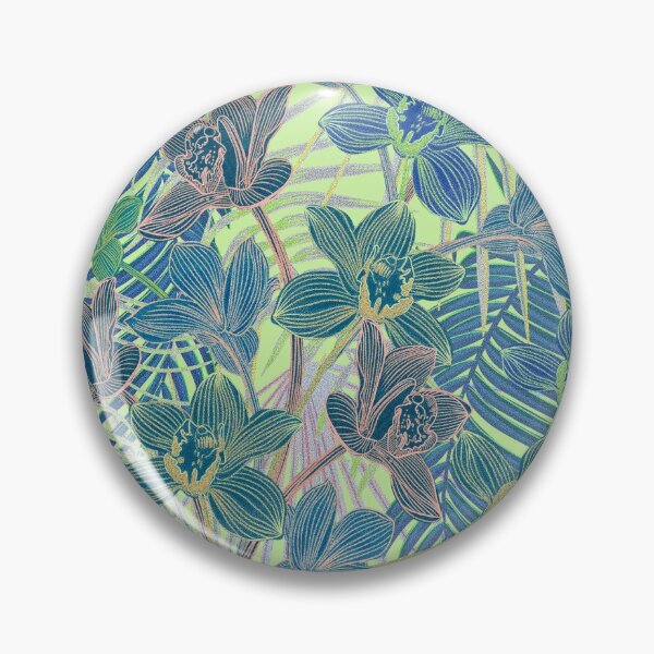 Item preview, Tropical pattern with yellow and green and blue exotic foliage with acid orchids on green background designed and sold by ANAKOTO.