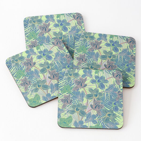 Item preview, Tropical pattern with yellow and green and blue exotic foliage with acid orchids on green background designed and sold by ANAKOTO.