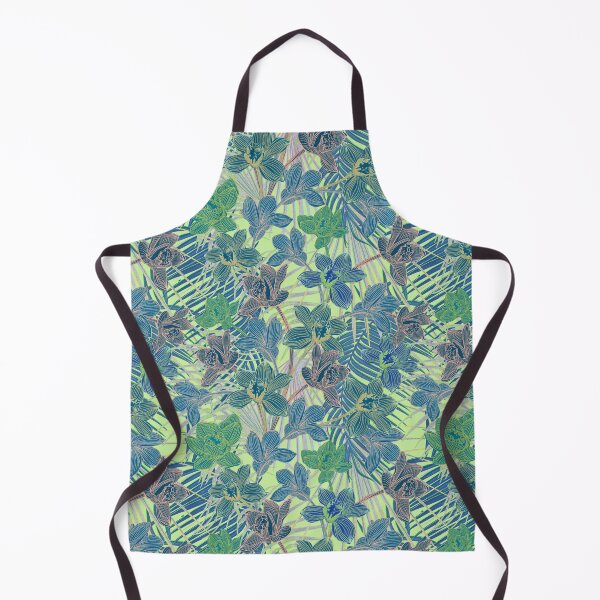 Item preview, Tropical pattern with yellow and green and blue exotic foliage with acid orchids on green background designed and sold by ANAKOTO.