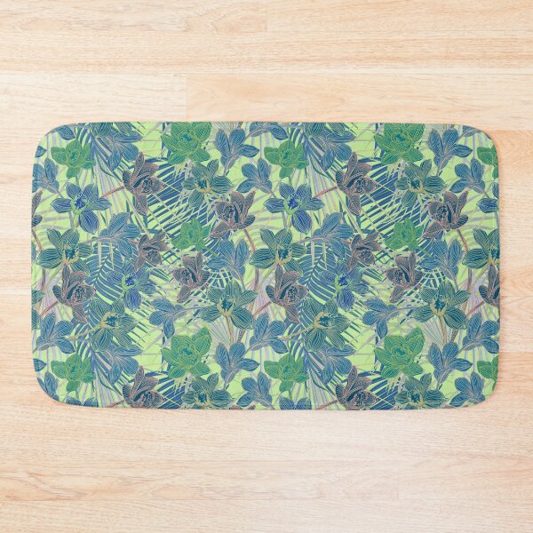 Item preview, Tropical pattern with yellow and green and blue exotic foliage with acid orchids on green background designed and sold by ANAKOTO.
