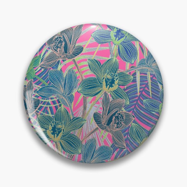 Item preview, Tropical pattern with yellow and green and blue exotic foliage with acid orchids on pink background designed and sold by ANAKOTO.