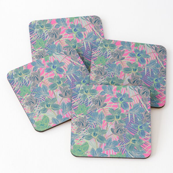Item preview, Tropical pattern with yellow and green and blue exotic foliage with acid orchids on pink background designed and sold by ANAKOTO.