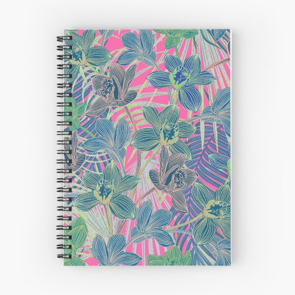 Item preview, Tropical pattern with yellow and green and blue exotic foliage with acid orchids on pink background designed and sold by ANAKOTO.
