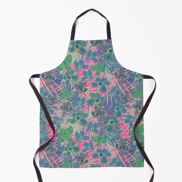 Item preview, Tropical pattern with yellow and green and blue exotic foliage with acid orchids on pink background designed and sold by ANAKOTO.