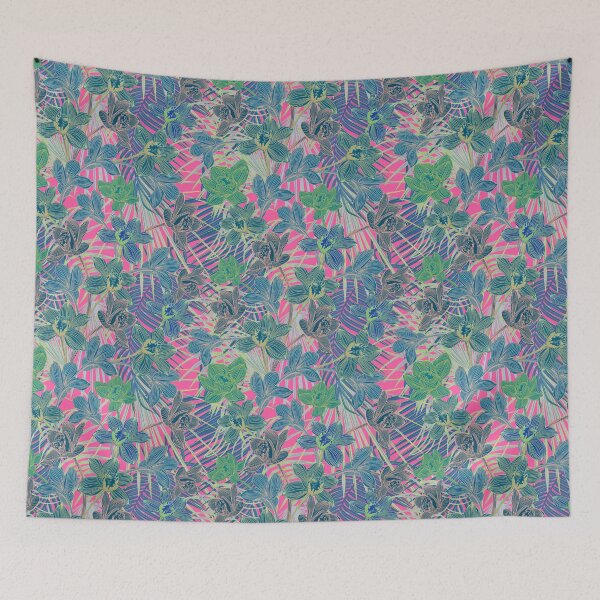 Item preview, Tropical pattern with yellow and green and blue exotic foliage with acid orchids on pink background designed and sold by ANAKOTO.