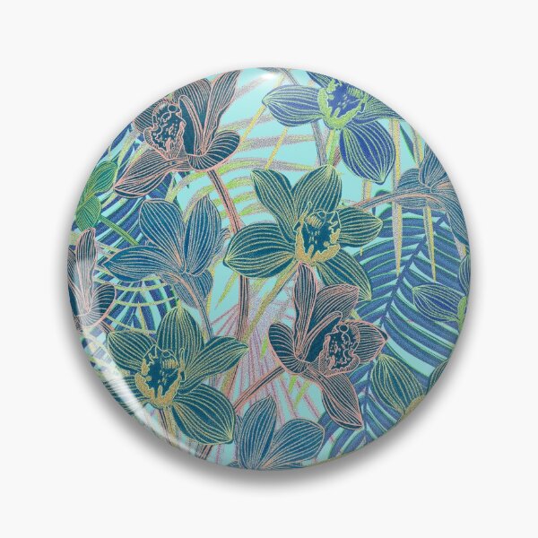Item preview, Tropical pattern with yellow and green and blue exotic foliage with acid orchids on turquoise background designed and sold by ANAKOTO.