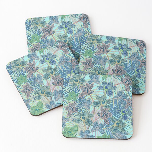 Item preview, Tropical pattern with yellow and green and blue exotic foliage with acid orchids on turquoise background designed and sold by ANAKOTO.
